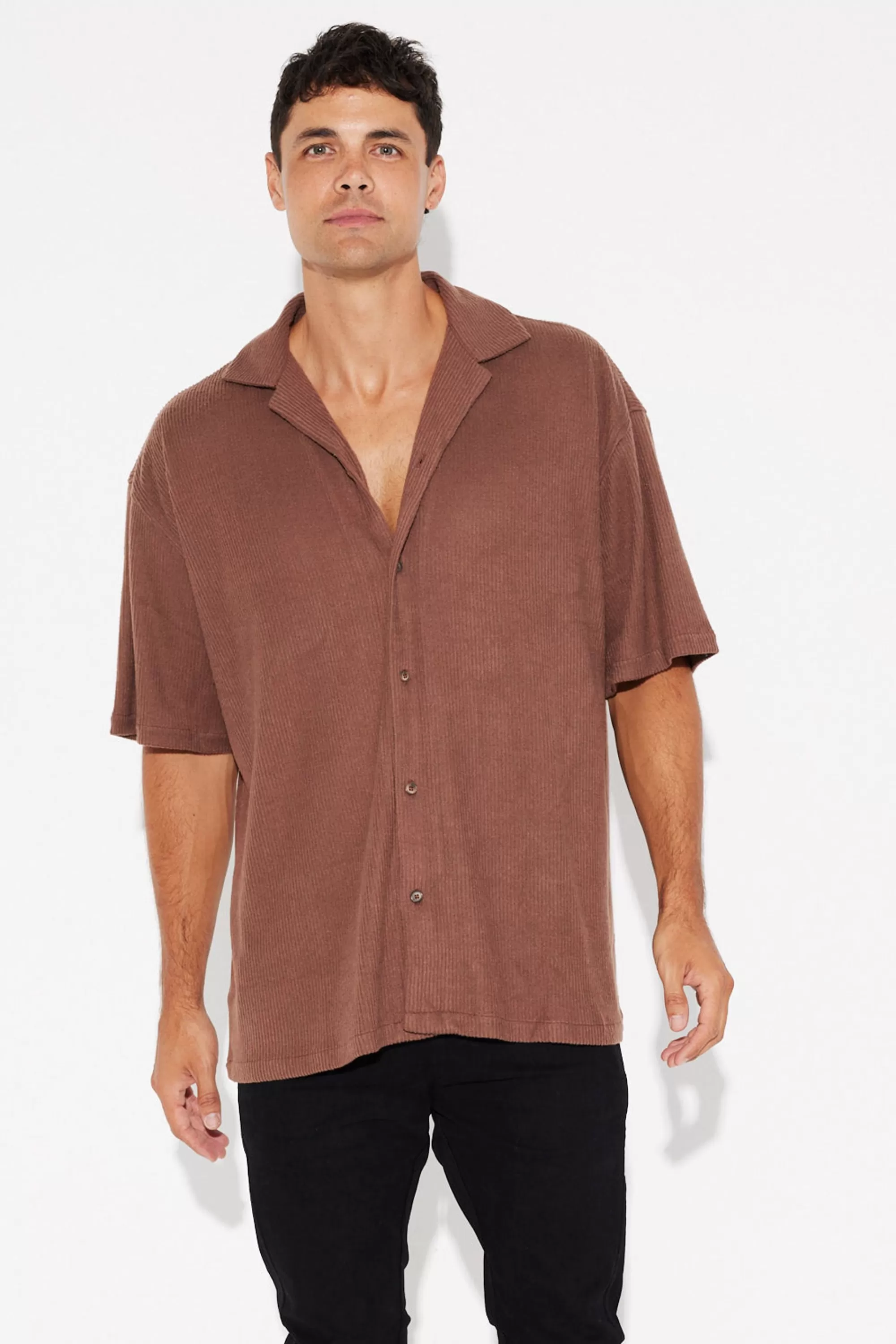 Shirts>Sampson and Taylor Cord Knit Short Sleeve Shirt Choc - Final Sale