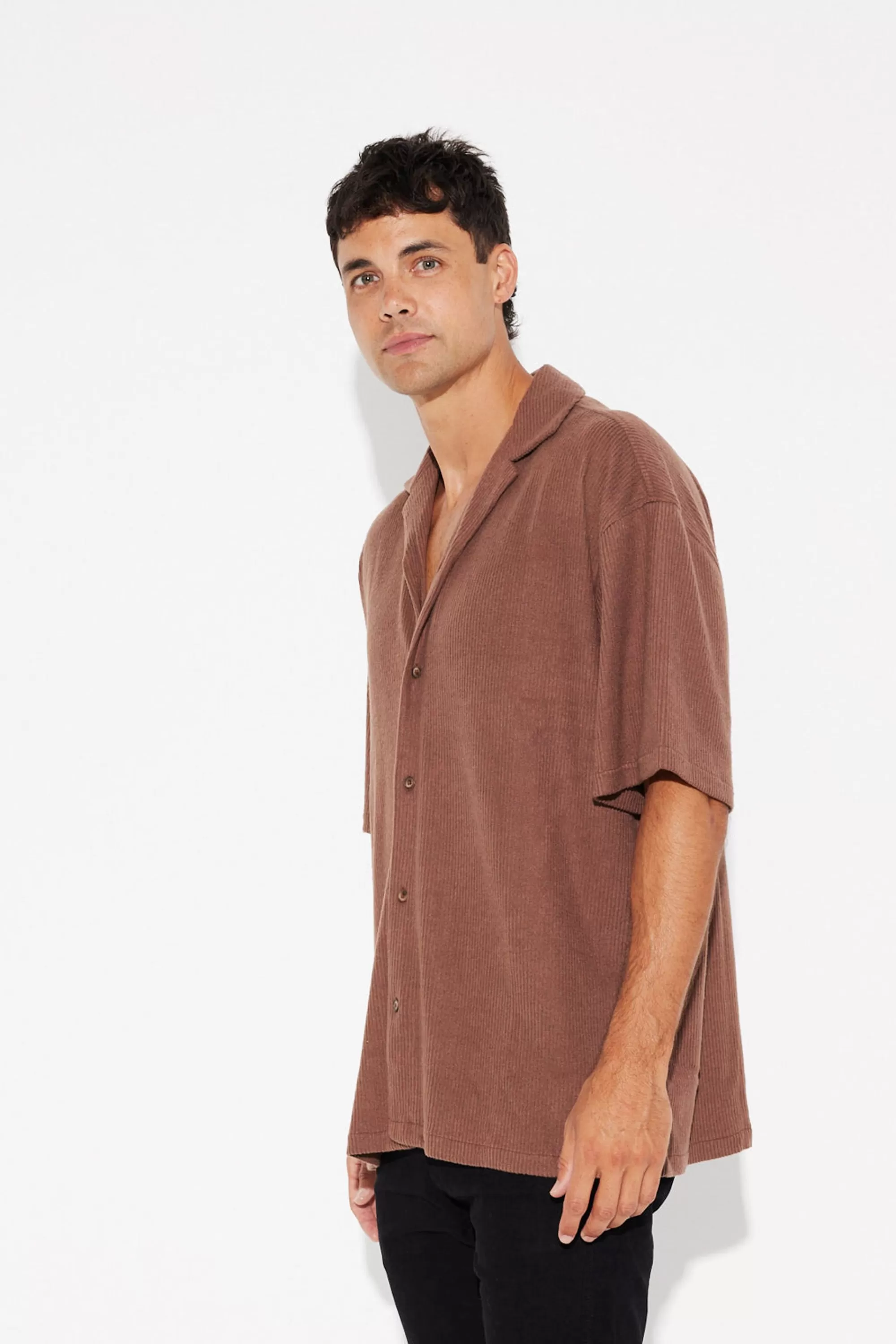 Shirts>Sampson and Taylor Cord Knit Short Sleeve Shirt Choc - Final Sale