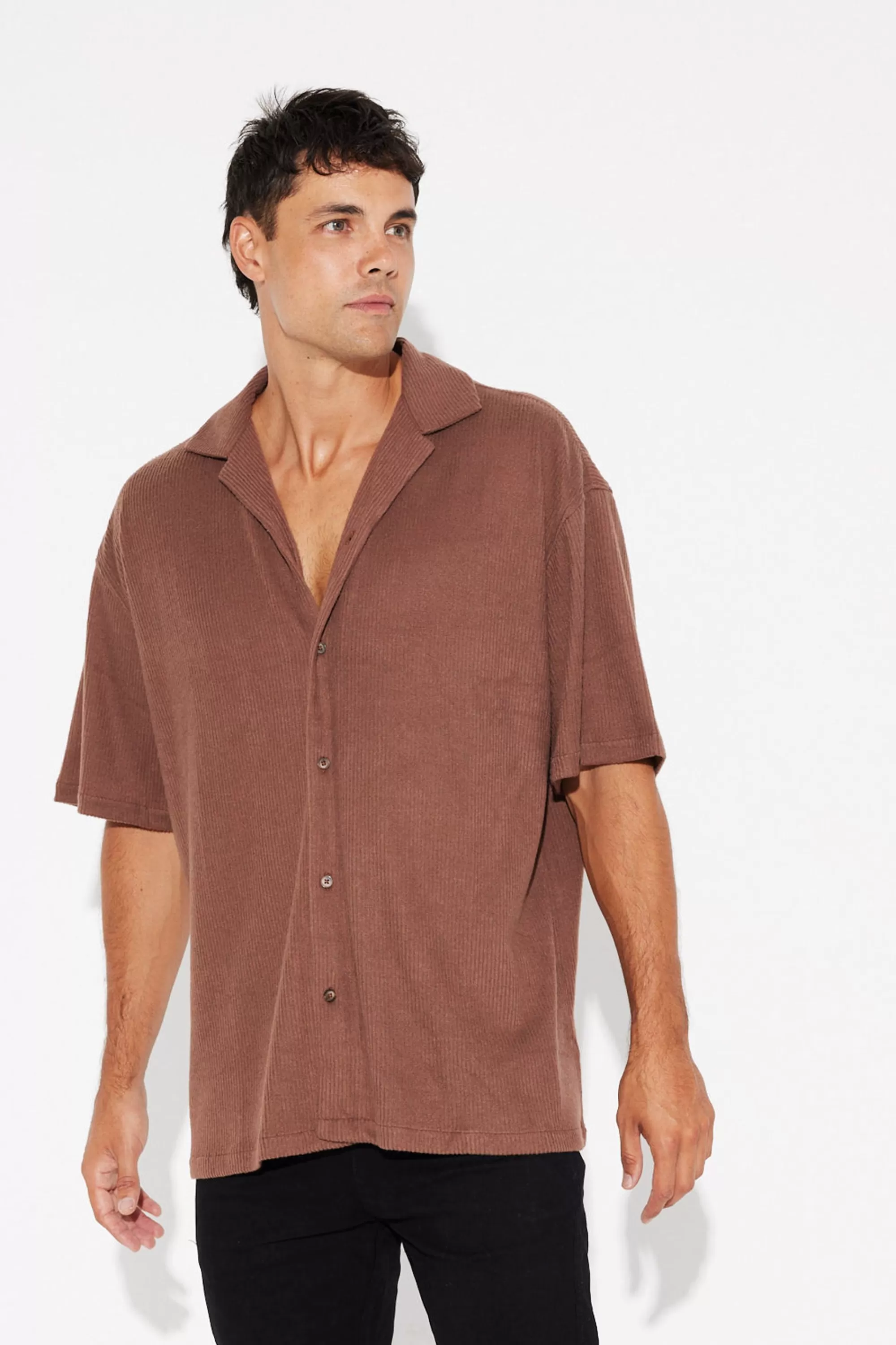 Shirts>Sampson and Taylor Cord Knit Short Sleeve Shirt Choc - Final Sale