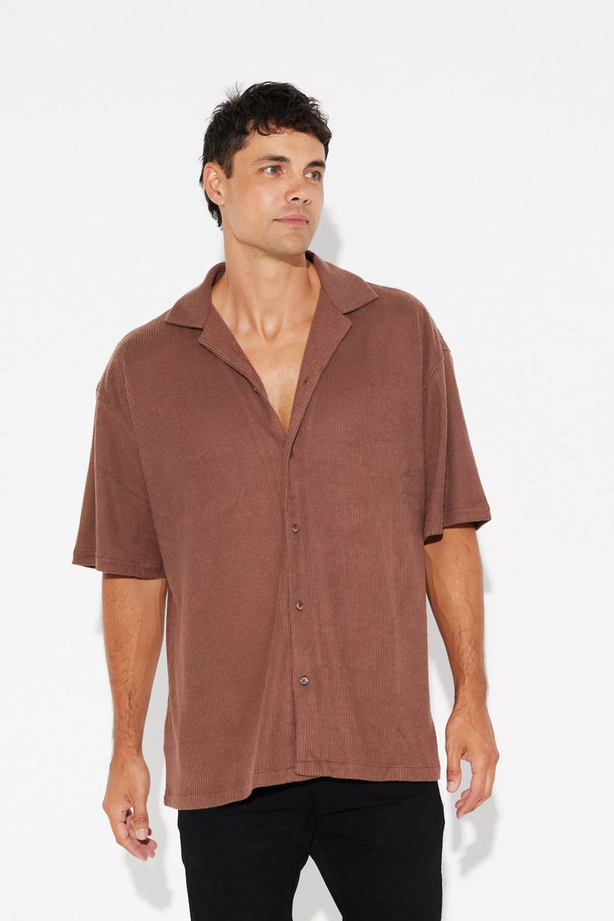 Shirts>Sampson and Taylor Cord Knit Short Sleeve Shirt Choc - Final Sale