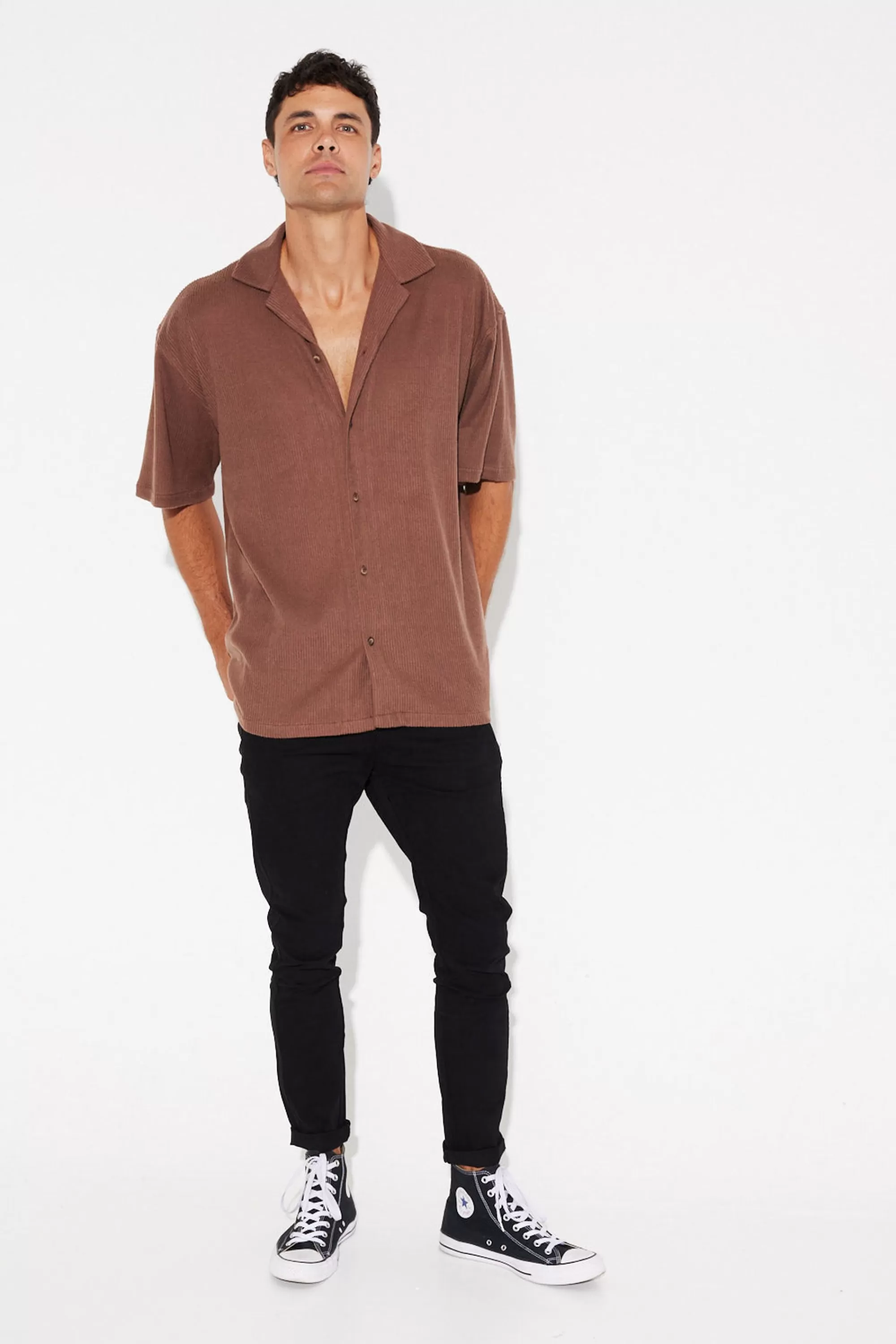 Shirts>Sampson and Taylor Cord Knit Short Sleeve Shirt Choc - Final Sale