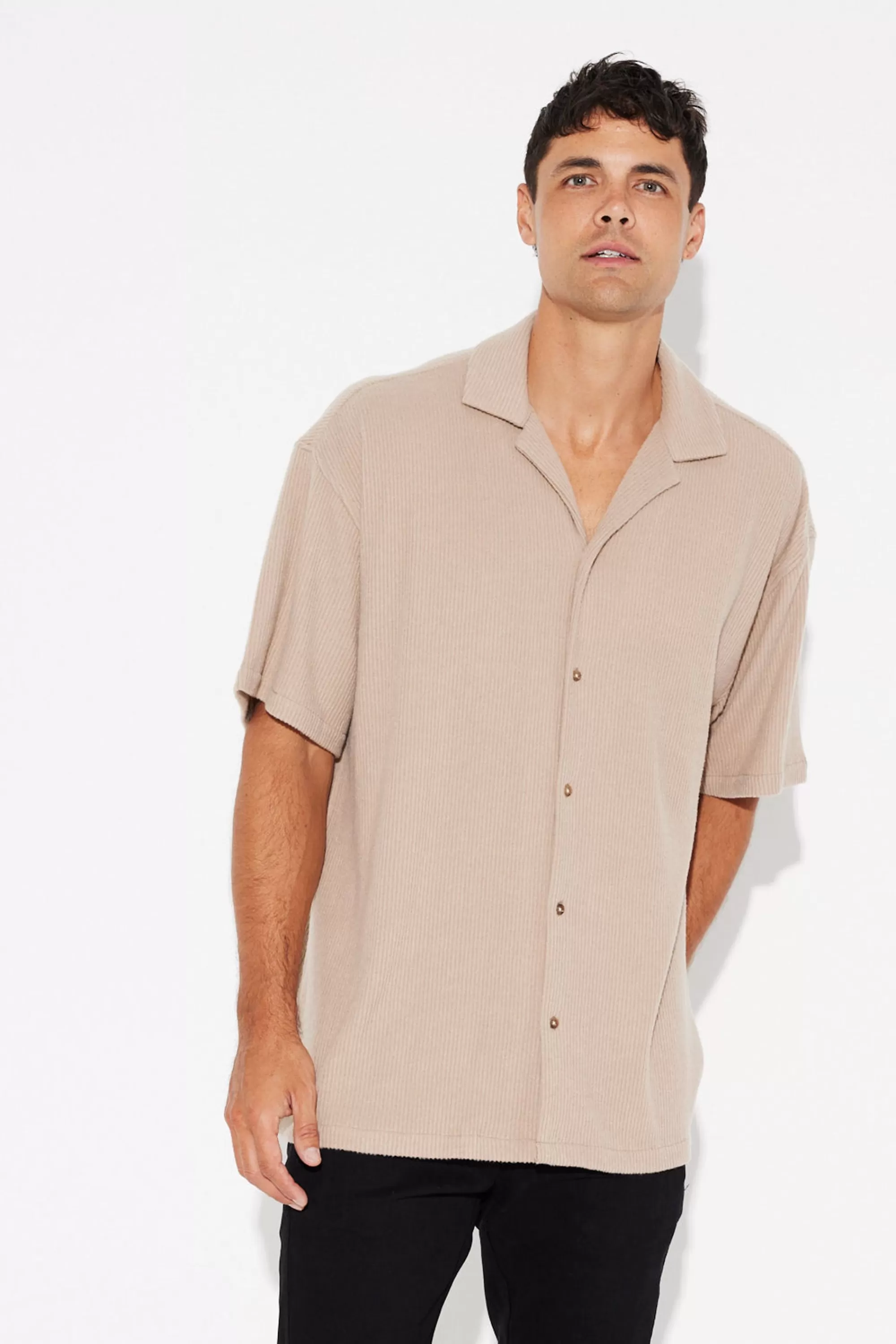 Shirts>Sampson and Taylor Cord Knit Short Sleeve Shirt Light Brown - Final Sale