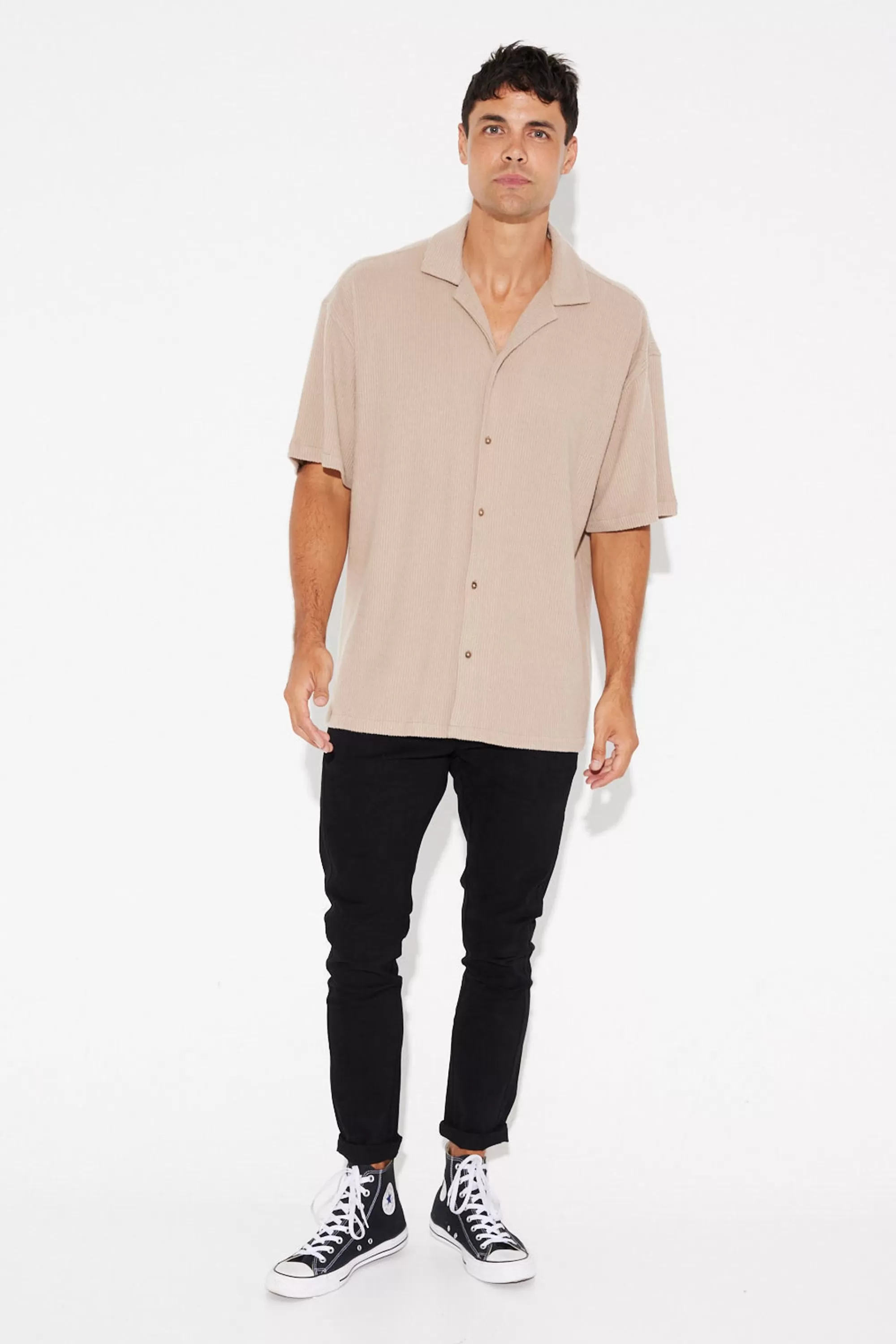 Shirts>Sampson and Taylor Cord Knit Short Sleeve Shirt Light Brown - Final Sale