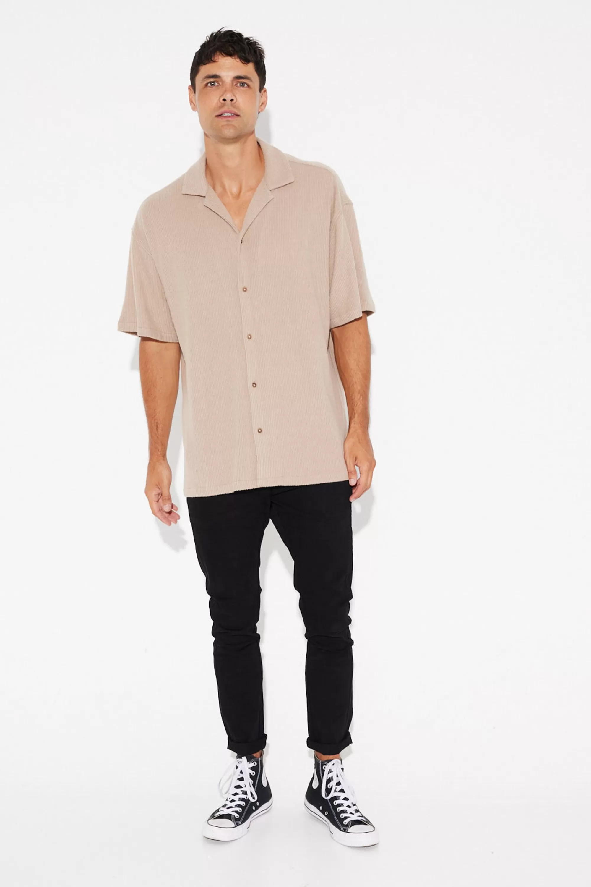 Shirts>Sampson and Taylor Cord Knit Short Sleeve Shirt Light Brown - Final Sale