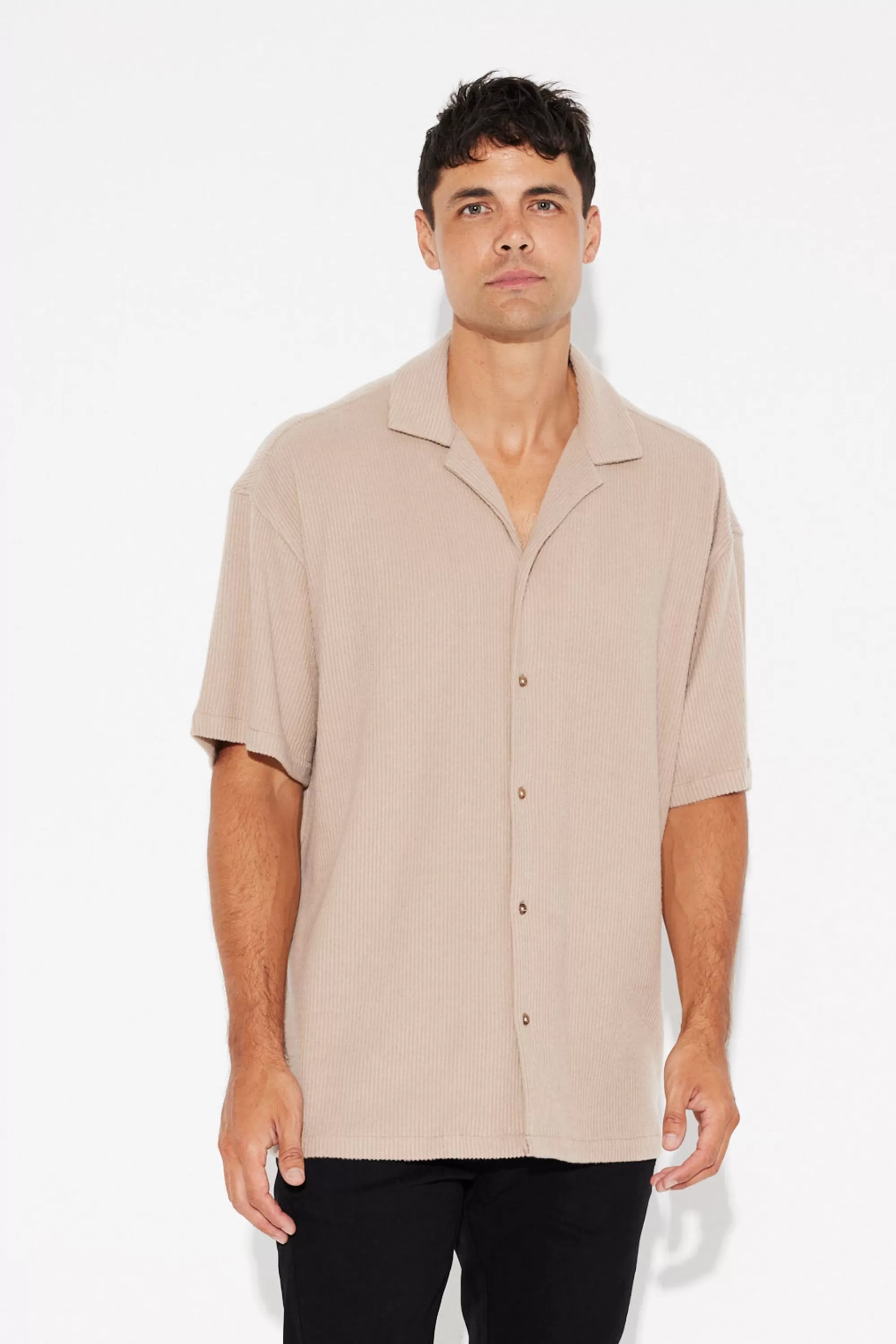 Shirts>Sampson and Taylor Cord Knit Short Sleeve Shirt Light Brown - Final Sale