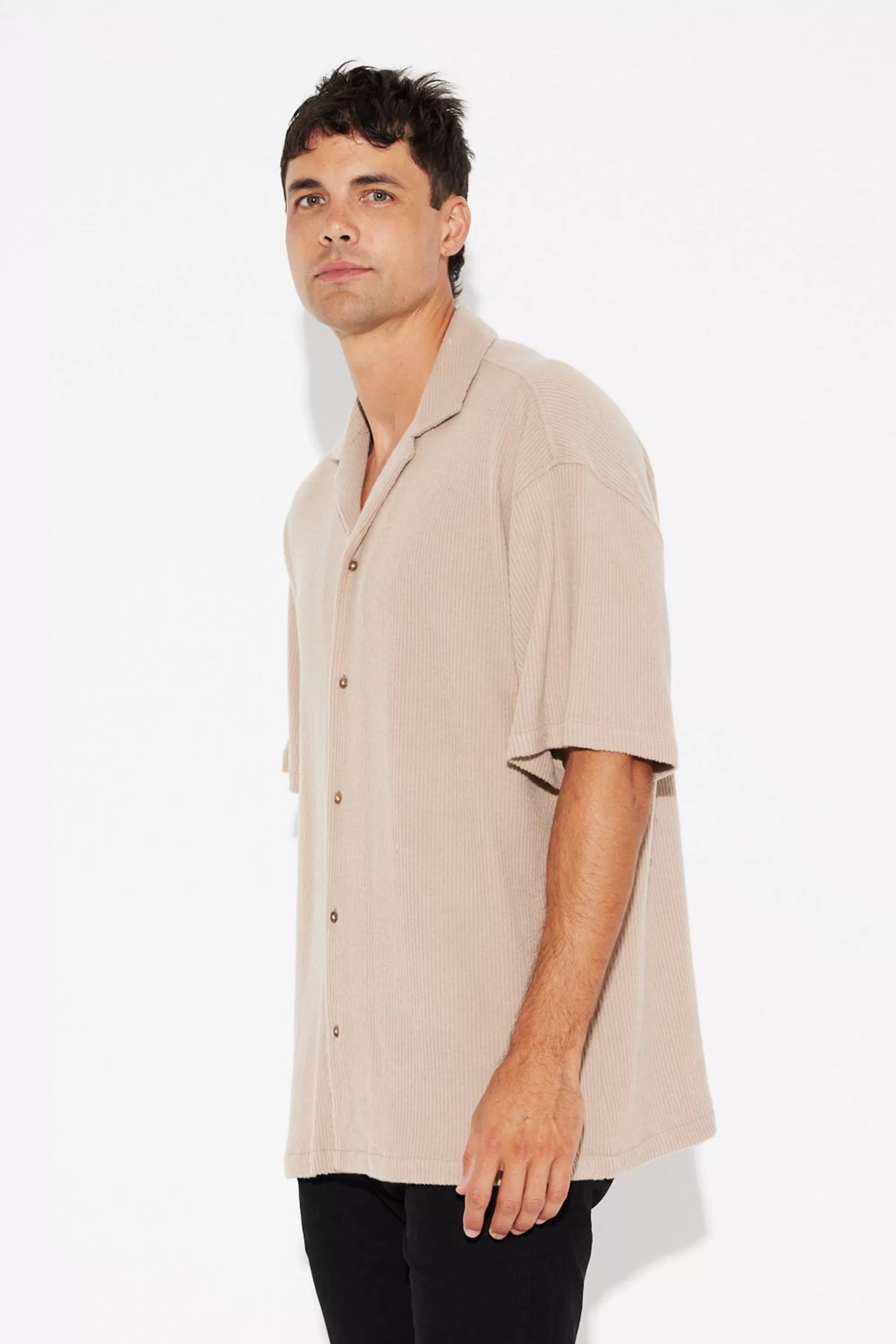 Shirts>Sampson and Taylor Cord Knit Short Sleeve Shirt Light Brown - Final Sale