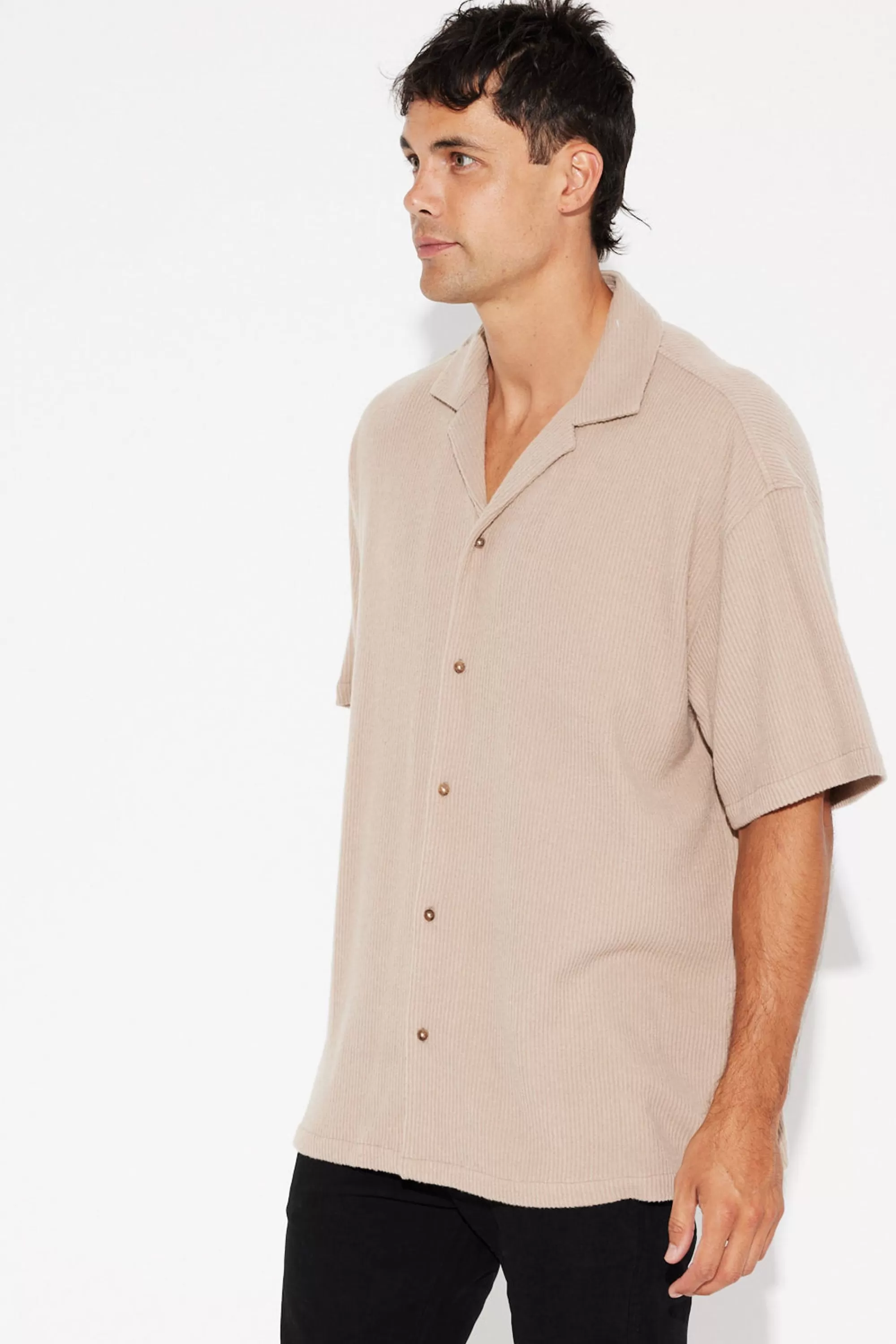 Shirts>Sampson and Taylor Cord Knit Short Sleeve Shirt Light Brown - Final Sale