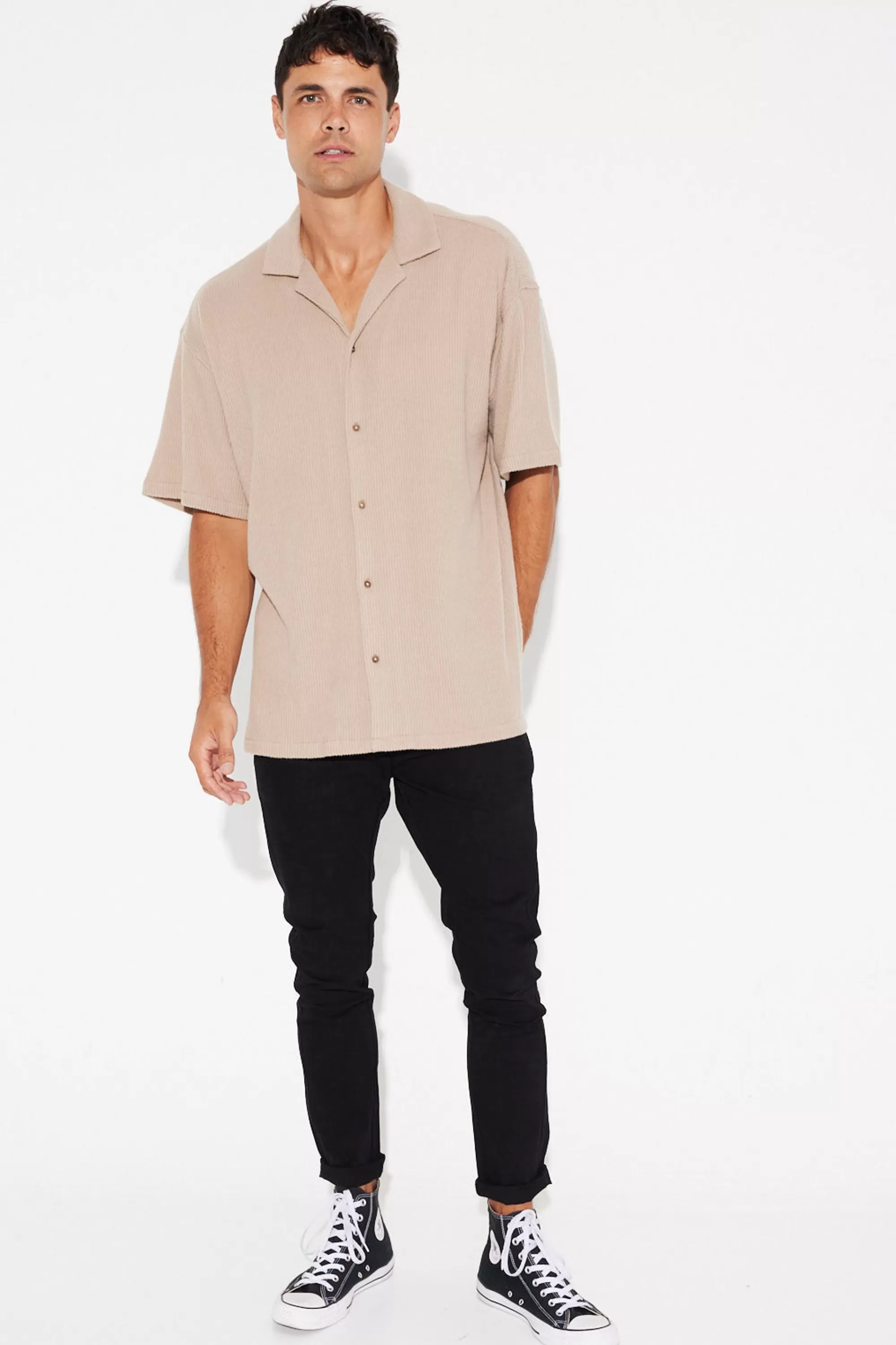 Shirts>Sampson and Taylor Cord Knit Short Sleeve Shirt Light Brown - Final Sale