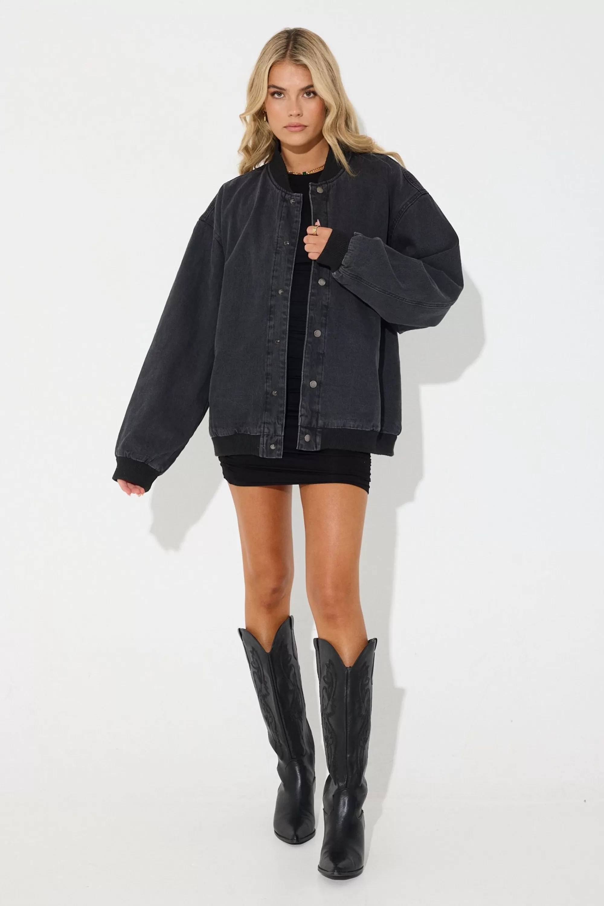 Jackets & Blazers>Sampson and Taylor Unisex Vintage Bomber Denim Jacket Black