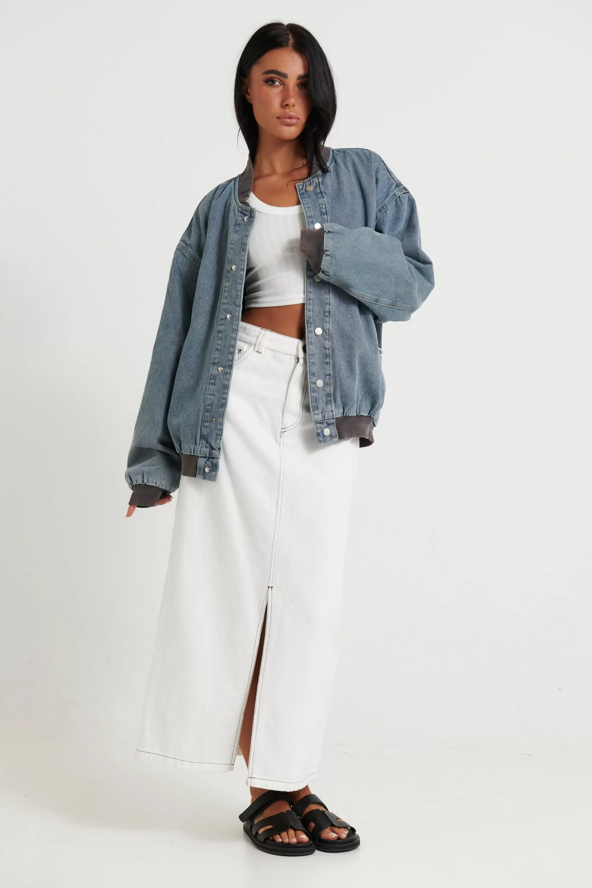Denim>Sampson and Taylor Unisex Vintage Bomber Denim Jacket Blue