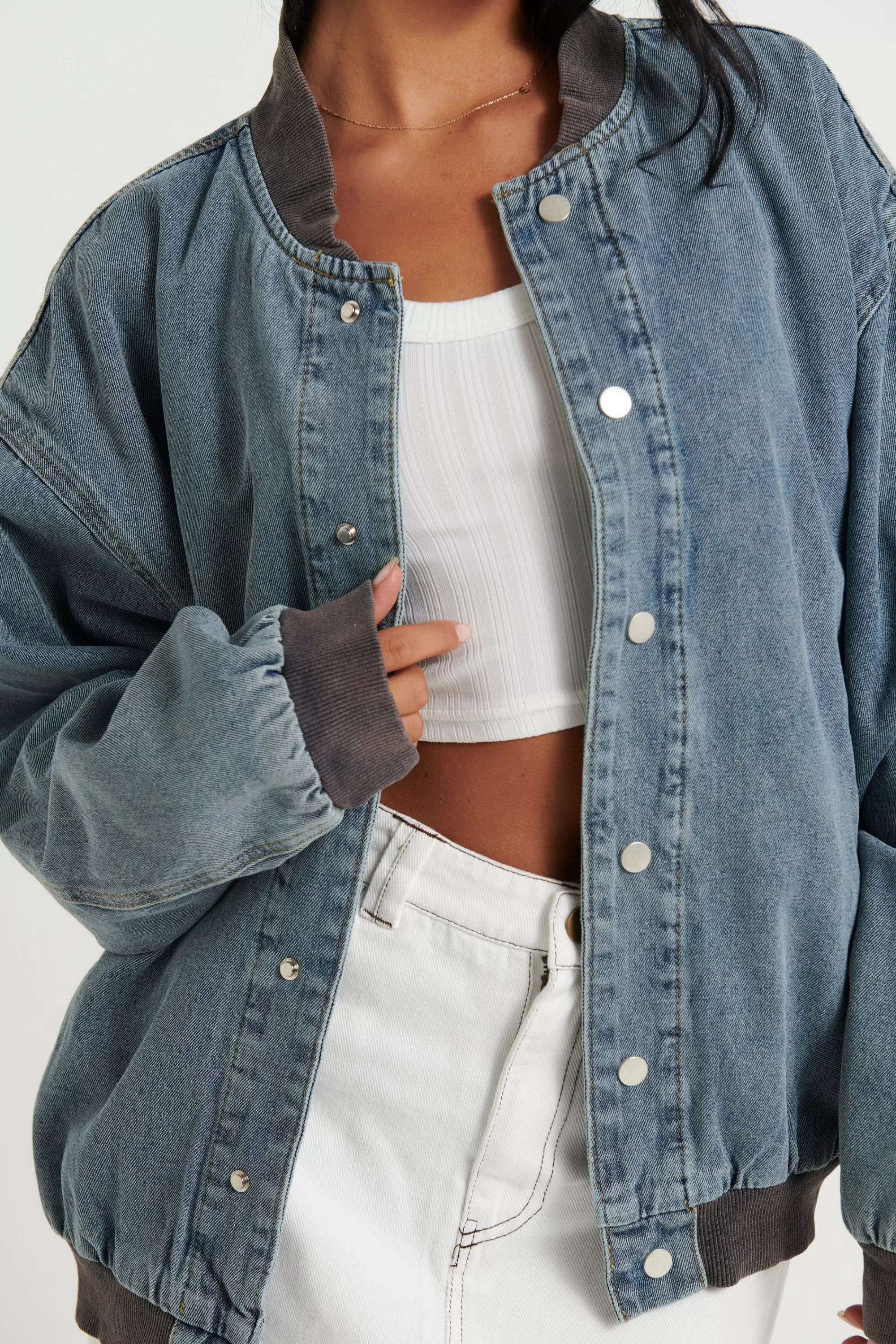 Denim>Sampson and Taylor Unisex Vintage Bomber Denim Jacket Blue