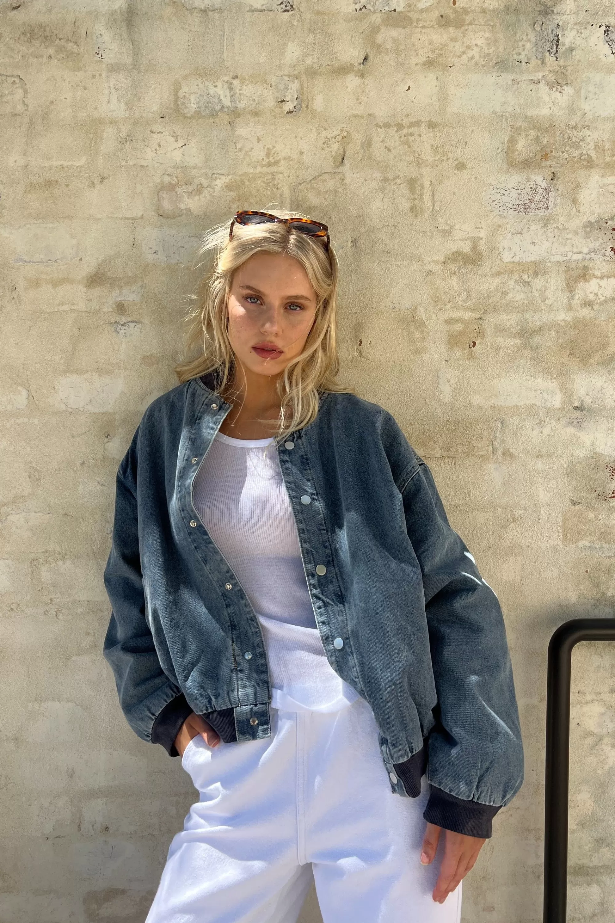 Denim>Sampson and Taylor Unisex Vintage Bomber Denim Jacket Blue