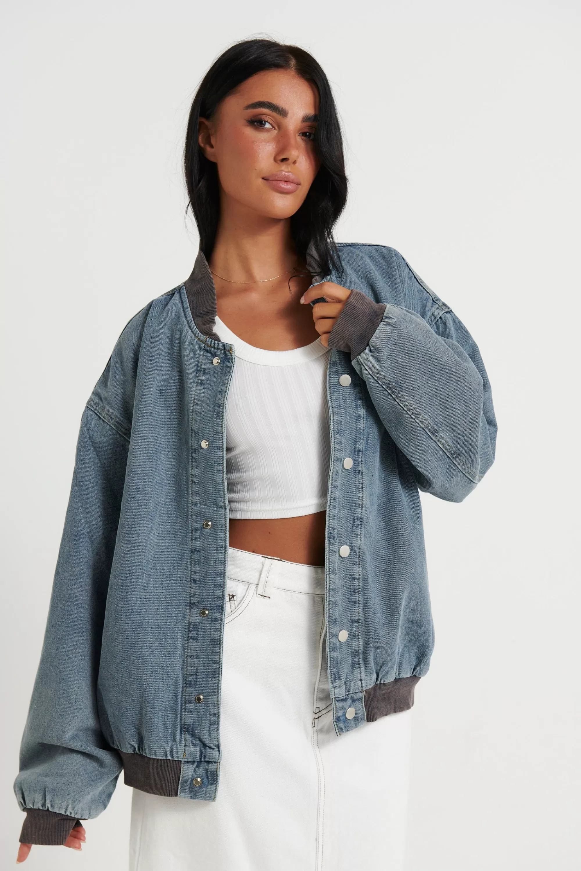 Denim>Sampson and Taylor Unisex Vintage Bomber Denim Jacket Blue