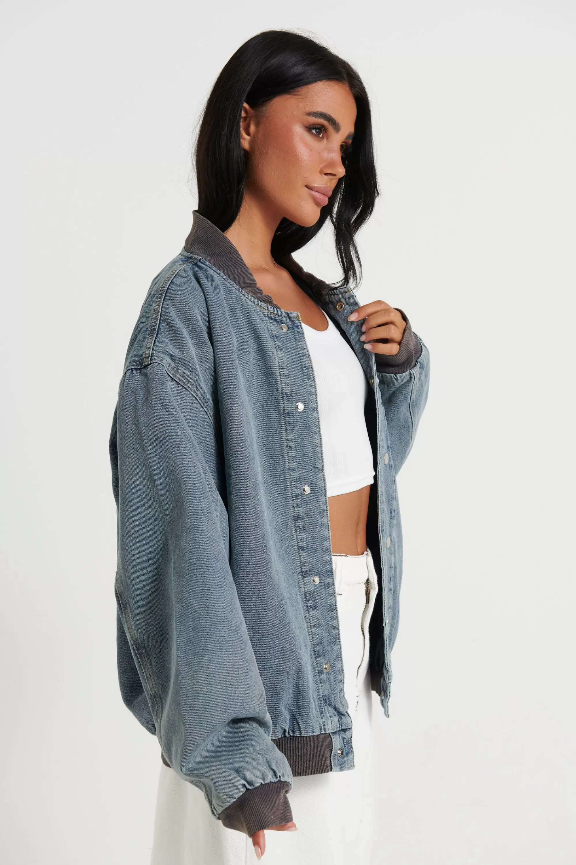 Denim>Sampson and Taylor Unisex Vintage Bomber Denim Jacket Blue