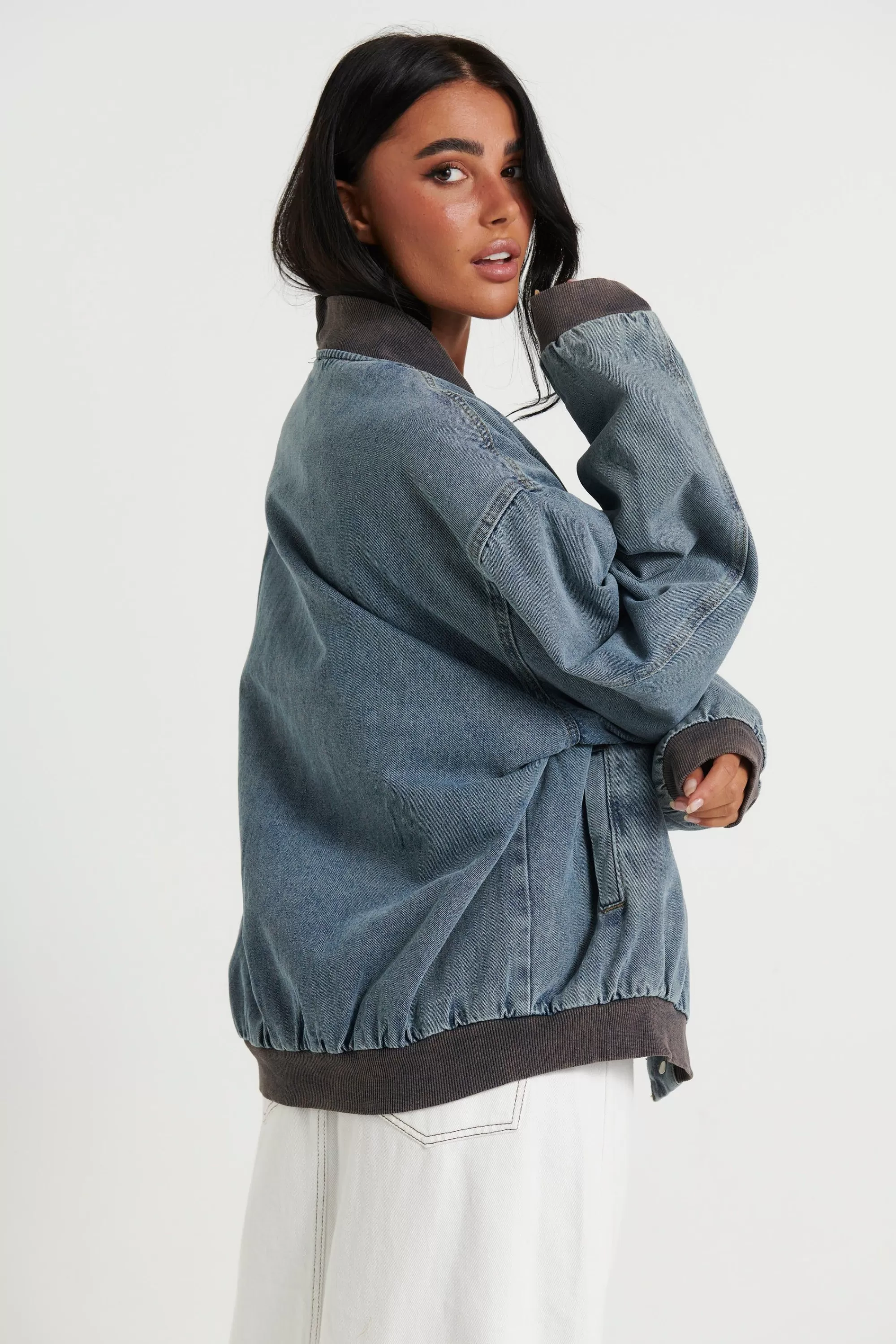 Denim>Sampson and Taylor Unisex Vintage Bomber Denim Jacket Blue