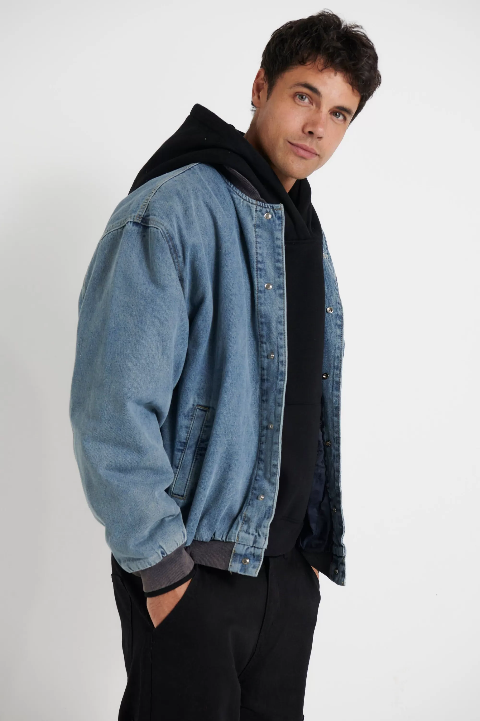 Jackets>Sampson and Taylor Vintage Bomber Denim Jacket Blue