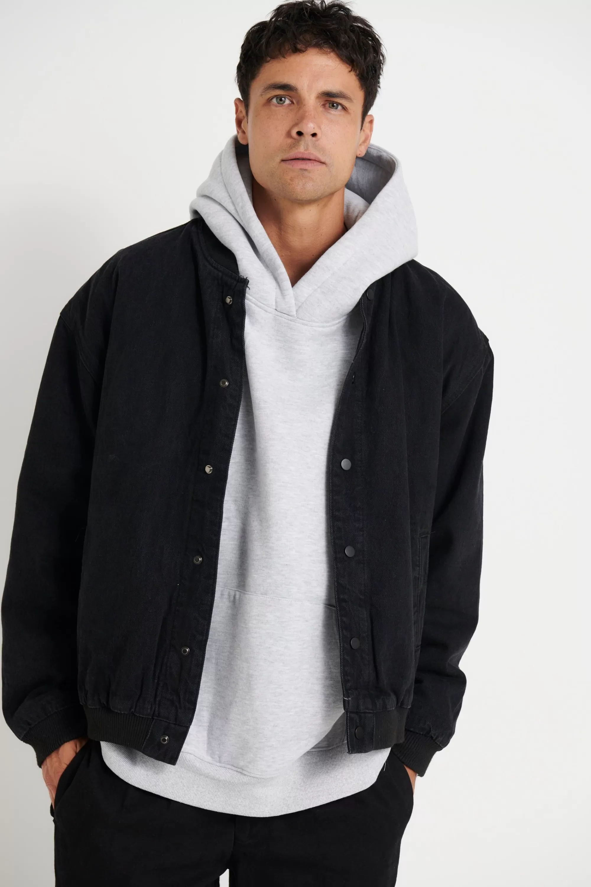 Jackets>NTH Vintage Bomber Denim Jacket Solid Black