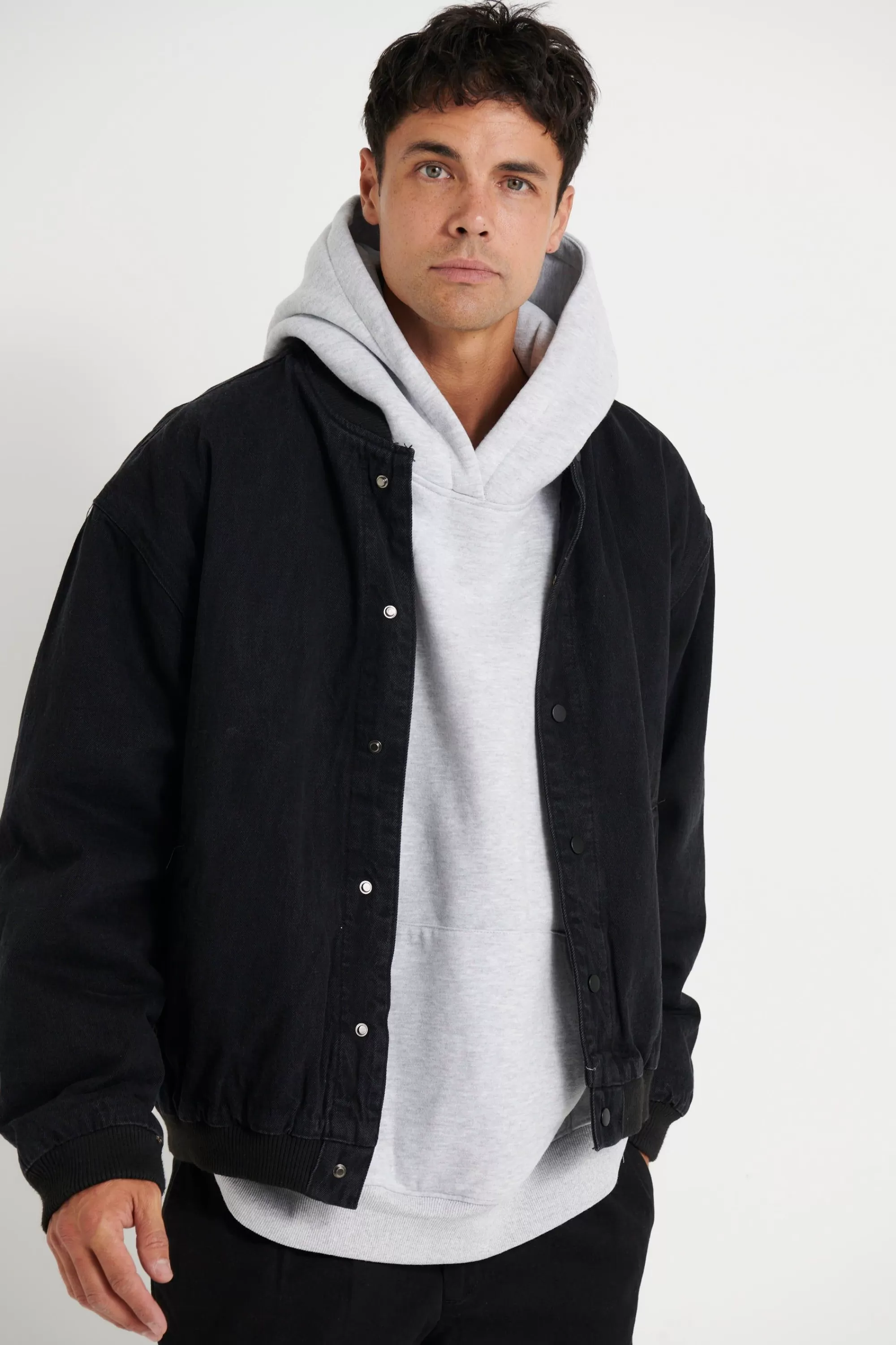 Jackets>NTH Vintage Bomber Denim Jacket Solid Black