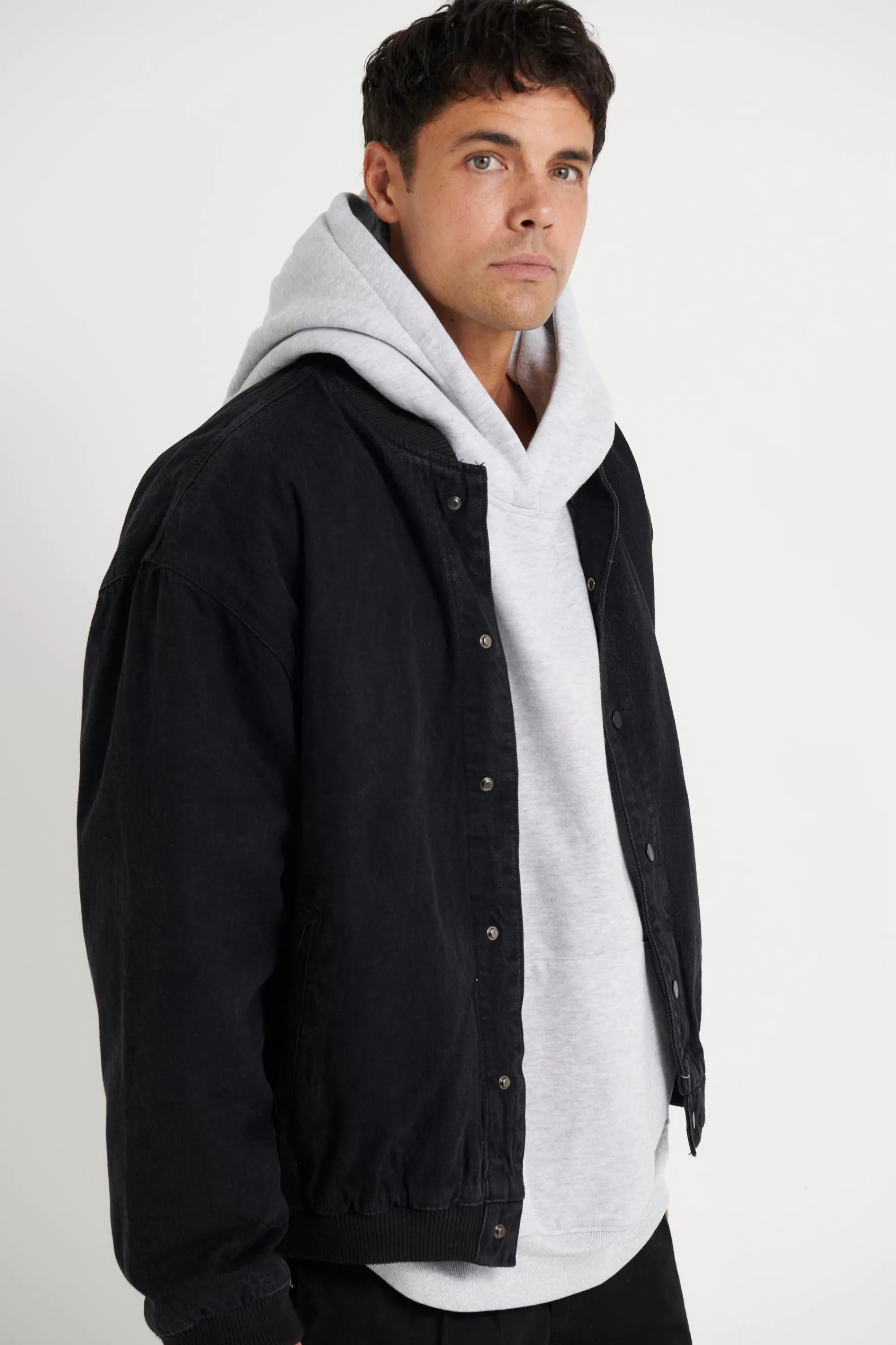 Jackets>NTH Vintage Bomber Denim Jacket Solid Black